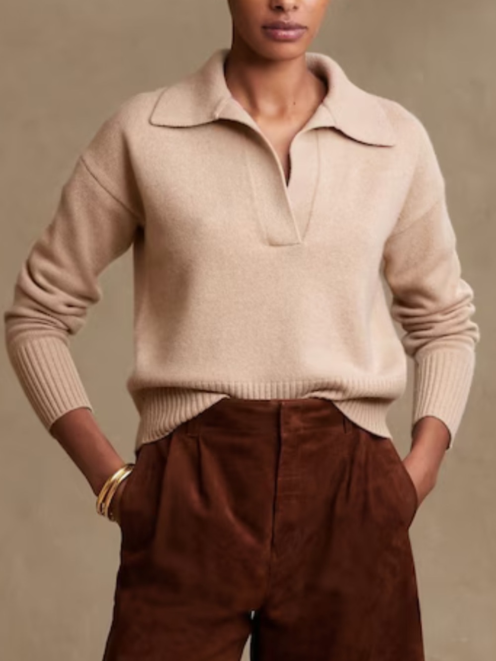 Banana Republic Luna 100% Cashmere Beige Collared V-Neck Sweater, Size XS